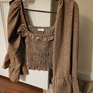 Mustard Seed Brown Polka Dot Smocked Blouse